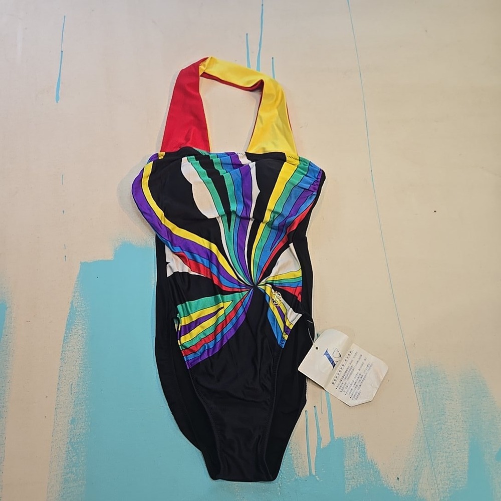VTG LS Swim Wear Womens Swimsuit 34 NWT Deadstock One Piece Rainbow Halter 1980s